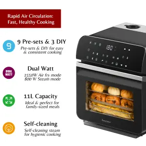 Innoteck Kitchen Pro 11L Digital Steam Air Fryer Oven - 9 Presets in 3 Modes- Real Steam (800W) , Air Fry , Steam+Air Fry (1550W)