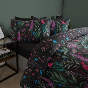 Botanical Floral Duvet Cover Bedding Set Reversible Quilt, Black - Single