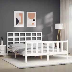 Berkfield Bed Frame with Headboard White King Size Solid Wood