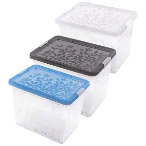 Set of 9 33 Litre Elegant Jasmine Leaves Strong Stackable Plastic Storage Boxes Complete With Clip Locked Lids