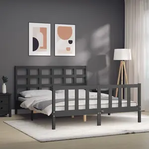 Berkfield Bed Frame with Headboard Grey King Size Solid Wood