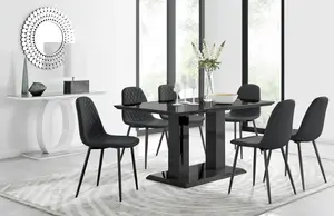 Imperia Black High Gloss 6 Seater Dining Table with Structural 2 Plinth Column Legs 6 Black Faux Leather Black Leg Corona Chairs