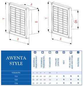 Awenta 130x130mm 100mm Duct Wall Ventilation Grille Cover Net Pull Cord Shutter