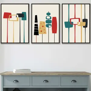 Set of 3 Framed Mid Century Modern in Teal, Red and Yellow / 30x42cm (A3) / Black