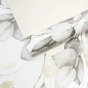 Grey Natural Floral Wallpaper White Gold Metallic Grey Eucalyptus Leaves Smooth