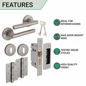 EAI Satin Door Handle T-Bar Lever on Rose Lock Kit / Pack - 64mm Sash Lock & 76mm Hinges - Satin Nickel