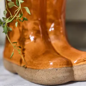 Set of 2 Small and Large Orange  Wellington Boots Ceramic Indoor Outdoor Flower Pot Garden Planters