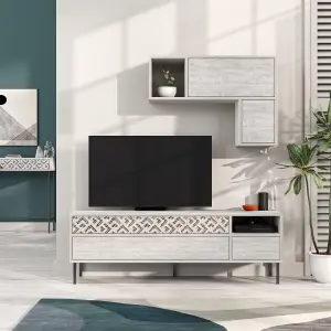 Decortie Heaton Modern TV Unit Ancient White with Storage and Wall Shelf 144.6cm