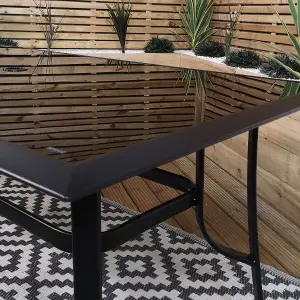 6 Person Rectangular Black Garden Patio Table with Glass Top & Parasol Hole