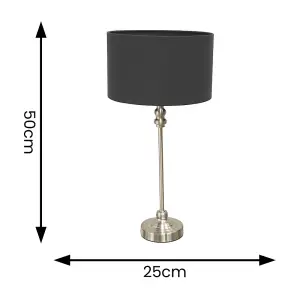 ValueLights Maggie Brushed Chrome Candlestick Slim Table Lamp with Black Fabric Drum Lamp Shade