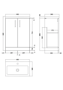 Floor Standing 2 Door Vanity Unit with Polymarble Basin, Soft Black, 600mm