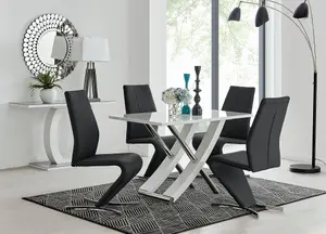 Furniturebox UK Mayfair 4 White High Gloss And Stainless Steel Dining Table And 4 Black Luxury Willow Chairs Set