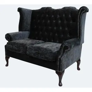 Chesterfield Handmade 2 Seater Sofa Modena Black Fabric In Queen Anne Style