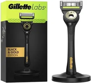 Gillette Labs Men's Razor + 1 Razor Blade Refill, With Exfoliating Bar, Includes Premium Magnetic Stand, Black & Gold Edition