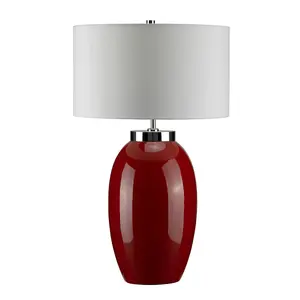 Table Lamp Large Red Glaze Cream Faux Silk Empire Cylinder ShadeLED E27 60W