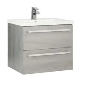 Bathroom 2-Drawer Wall Hung Vanity Unit with Mid Depth Ceramic Basin 600mm Wide - Silver Oak  - Brassware Not Included