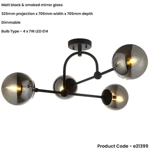 Semi Flush Low Ceiling Pendant & 2x Matching Wall Lights - Matt Black Frame Grey Tinted Glass Shade Set