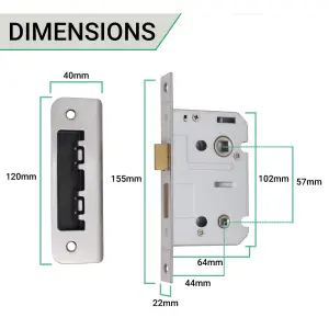 AFIT Bathroom Lock 65mm / 44mm Backset Pol Stainless for Internal Wooden Bathrooms Accepts 5mm Square Spindle CE UKCA & Fire Door