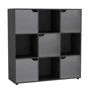 URBNLIVING 9 Cube Black Wooden Bookcase Shelving Display Shelves Storage Unit Wood Shelf Grey Door