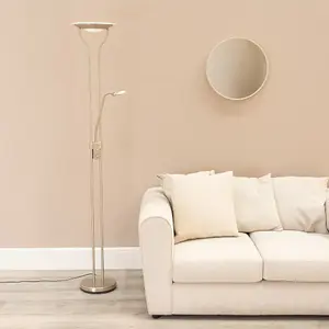 ValueLights Beata Brushed Chrome Integrated LED Uplighter Floor Lamp with Task Reading Side Lamp