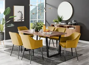 Furniturebox Kylo Brown Rectangular Wood Effect Dining Table & 6 Mustard Velvet Calla Black Leg Chairs