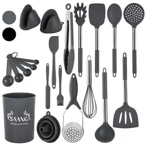 Silicone Kitchen Utensil Set 21 Pcs Non-Stick Heat Resistant Cookware, Food Grade And Dishwasher Safe Cooking Utensils With Holder (Grey) Grey