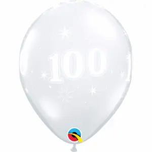 Qualatex Diamond Clear Sparkle Around 100th Birthday Latex Balloons (Pack Of 25) White (One Size)