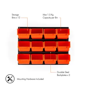 VonHaus 12Pc Wall Mount Storage Bins with 3 Adjustable Backplates -  Garage and Van Storage Solution, Bolts & Nuts Tool Organiser