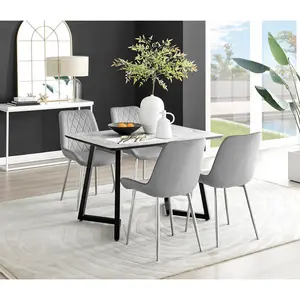 Industrial Design Grey & White Marble Effect Melamine Dining Table Set with 4 Luxury Velvet Chairs Grey/Silver