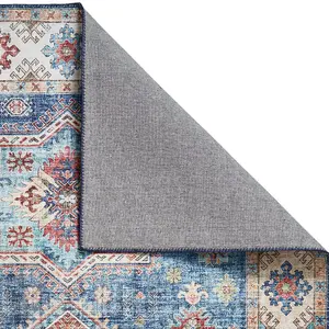 Dark Blue Traditional Easy to Clean Bordered Geometric Rug For Dining Room Bedroom And Living Room-180cm X 270cm