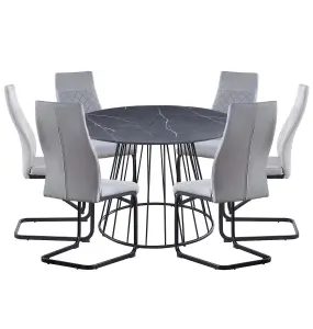 Hallowood Furniture Cullompton Large 120cm Round Table with 6 Grey High Back Chairs