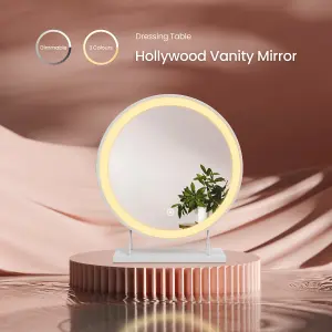 EMKE LED Hollywood Vanity Mirror 480mm Round Makeup Mirror Dressing Table with Dimmable and 3 Colors, White