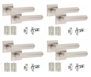 4 Pair Modern Lima Design Satin Nickel Premium Door Handles Square Rose 3" Ball Bearing Hinges and Tubular Latch - Golden Grace