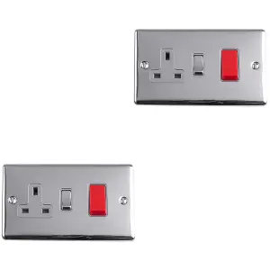 2 PACK 45A DP Oven Cooker Switch & 13A Switched Power Socket CHROME & GREY Trim