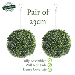 Pair of Best Artificial 23cm Green Boxwood Buxus Grass Hanging Basket Topiary Ball - Suitable for Outdoor Use