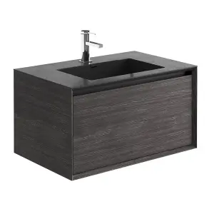 Matterhorn Dark Oak Wall Hung Bathroom Vanity Unit with Black Basin (W)750mm (H)450mm