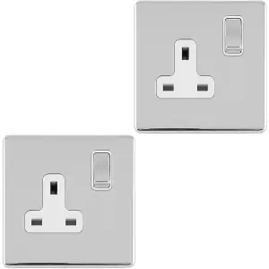 2 PACK 1 Gang DP 13A Switched UK Plug Socket SCREWLESS POLISHED CHROME Power