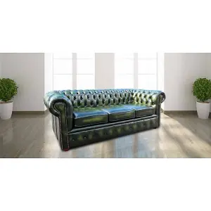 Chesterfield 3 Seater Antique Green Leather Sofa In Classic Style