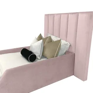 Linda Kids Bed Gaslift Ottoman Plush Velvet with Safety Siderails- Pink