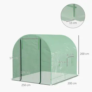 Outsunny 2.5 x 2m Walk-In Polytunnel Greenhouse with Roll Up Door Windows Green