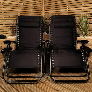 Set of 2 Luxury Padded Multi Position Zero Gravity Garden Relaxer Chair Lounger in All Black