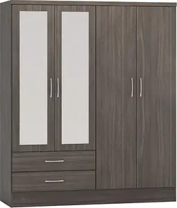 Nevada 4 Door 2 Drawer Mirrored Wardrobe in Black Wood Grain Effect Finish