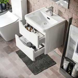 Nes Home 500mm White Wall Hung Basin Vanity Unit 2 Drawer Bathroom Storage Cabinet Gloss