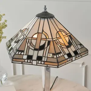 Tiffany Glass Table Lamp Light Polished Aluminium & Art Deco Hex Shade i00218