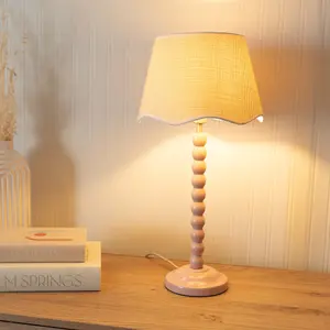 ValueLights Bobbins Painted Rose Table Lamp with Linen Scallop White Trim Shade and LED Bulb