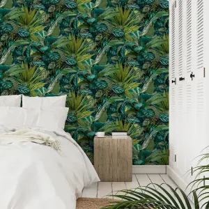 Grandeco Painted Leaves Tropical Vista Wallpaper, Green Teal