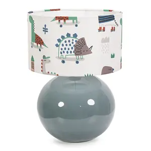 ValueLights Bosco Eucalyptus Ceramic Table Lamp with Cartoon Dino Drum Shade