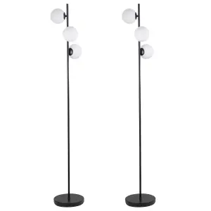 First Choice Lighting Pair of Black Floor Lamp with Opal Globe Shades