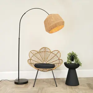 ValueLights Louis Black Arched Curved Floor Lamp with Natural Rope Pendant Lamp Shade and LED Bulb