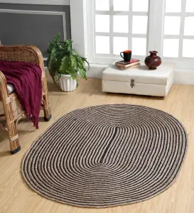 CHAKKAR DARK Stripe Oval Jute Beige Black Rug / 120 cm x 180 cm